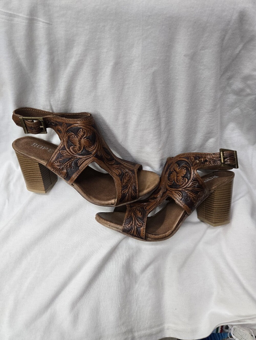 Roper Brown Tooled Leather Open-Toe Block Heel Sandal - Picture 2 of 11